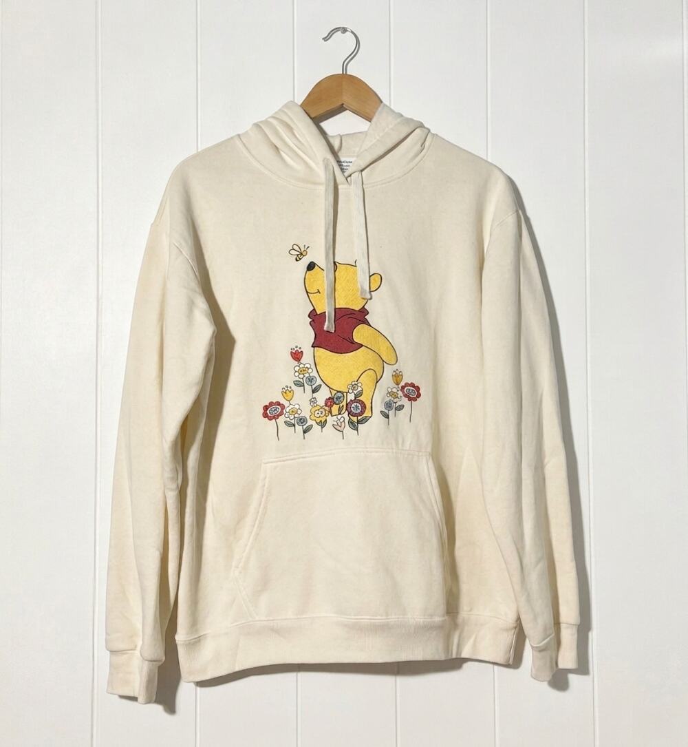 Disney Winnie the Pooh Hoodie Womens XL Ivory Floral Embroidered Sweatshirt